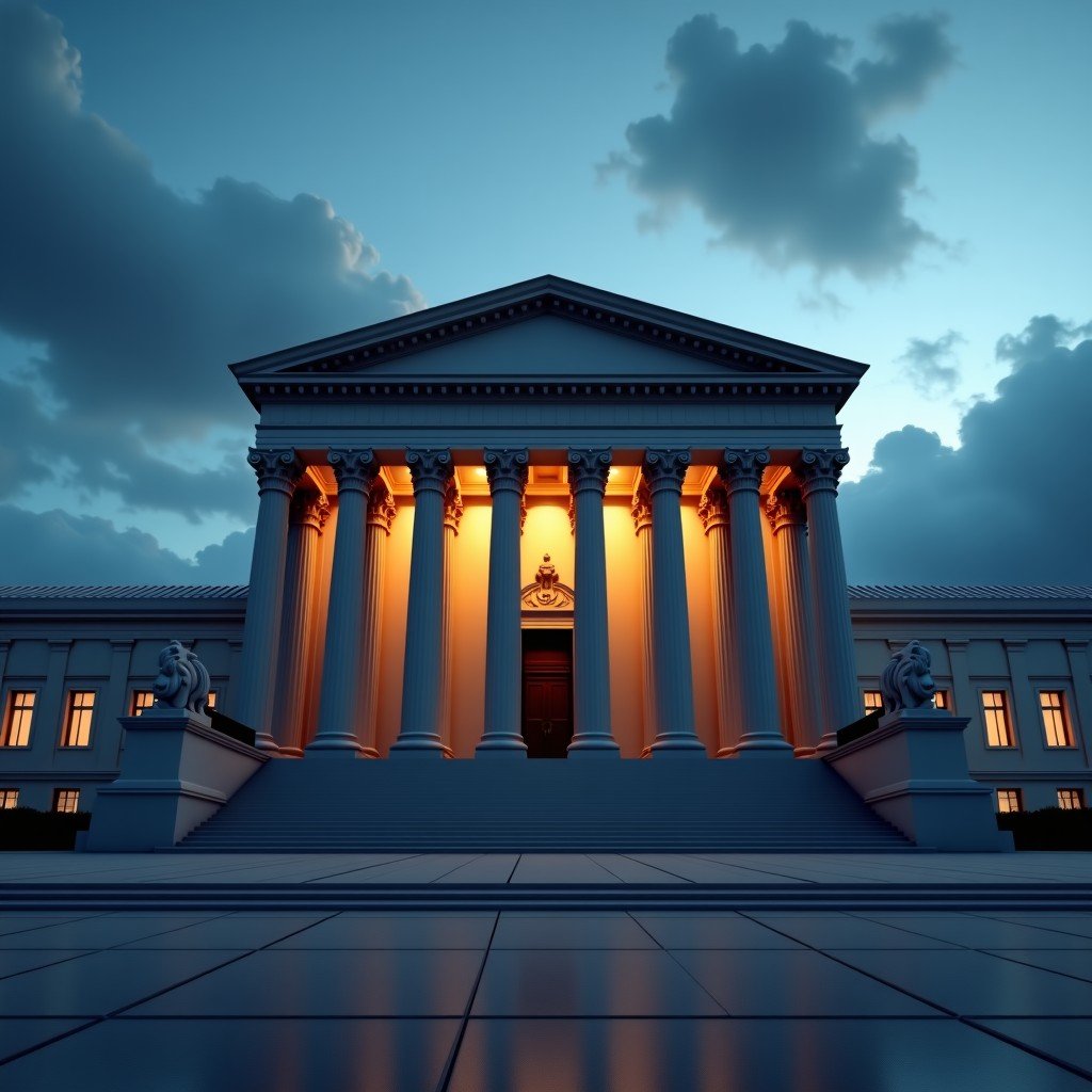 A realistic wide shot of a neoclassical government building with large pillars, a sense of authority and secrecy, dramatic sky in the background, 4:3