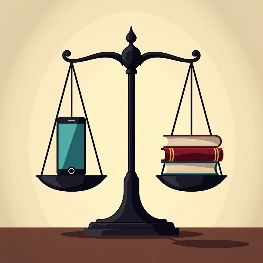 An artistic rendering of a digital scale of justice balancing a smartphone and a law book. Textured background, professional illustration, 4:3.
