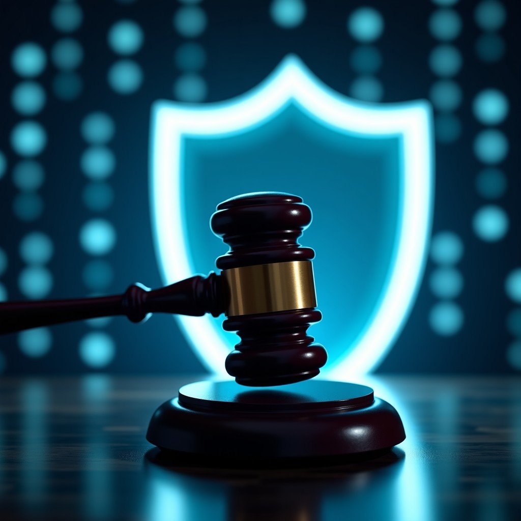 A symbolic representation of a legal gavel hitting a digital stream of data, Hollywood sign in the background with a futuristic translucent shield, professional cinematic photography. 4:3