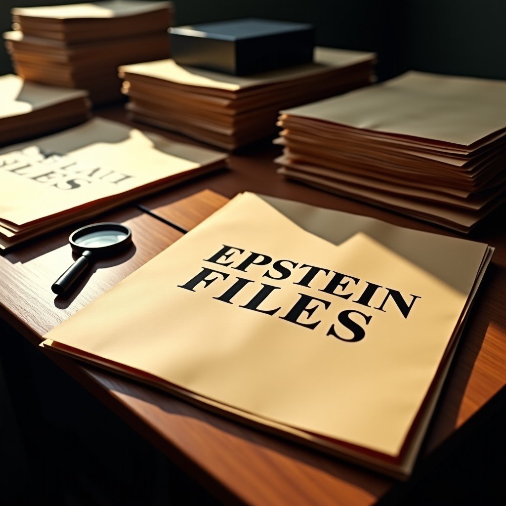 Cluttered wooden desk with several manila folders labeled EPSTEIN FILES, magnifying glass, official stamps, dramatic shadows, realistic photography, 4:3