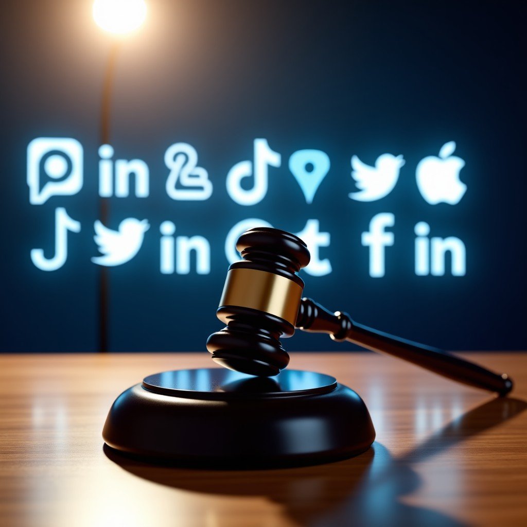 A modern courtroom setting with a judge's gavel on a desk, and holographic logos of major social media companies in the background, representing legal accountability and new regulations. High contrast, professional lighting, 4:3