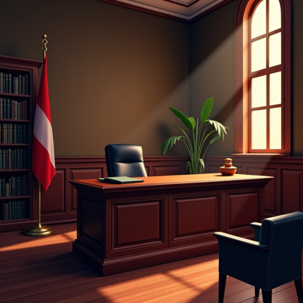 Interior of a classic professional courtroom with a wooden judge's bench and legal books on the side, focused and serious mood, 4:3
