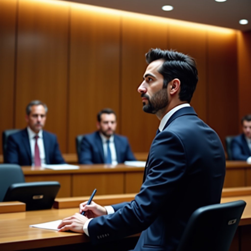 A professional and realistic courtroom scene in Los Angeles. A man resembling a tech executive is testifying at the witness stand. The atmosphere is serious with lawyers and a jury visible in a modern legal setting. High contrast, cinematic lighting, 4:3