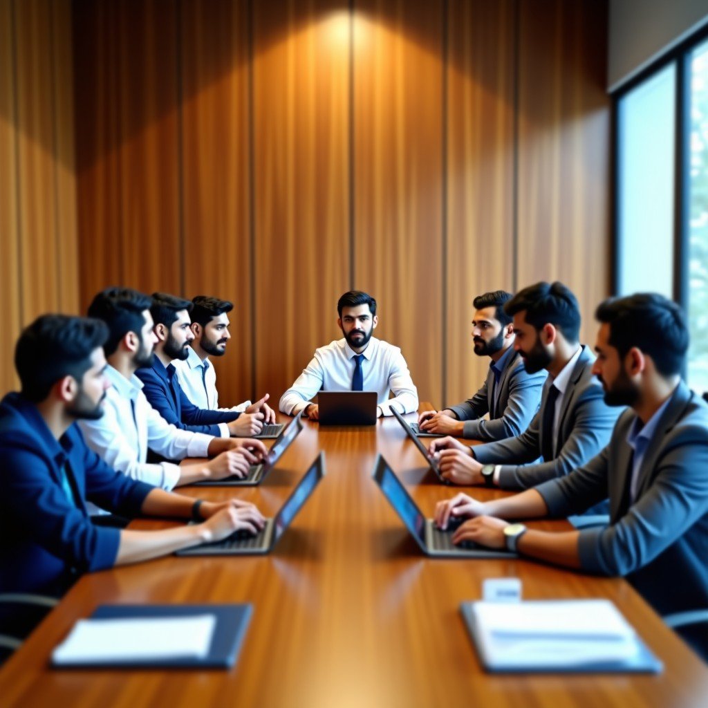 A professional business meeting between venture capitalists and tech entrepreneurs in a modern wood-accented boardroom, diverse group of South Asian professionals, tablet devices and laptops on the table, warm natural lighting, 16:9