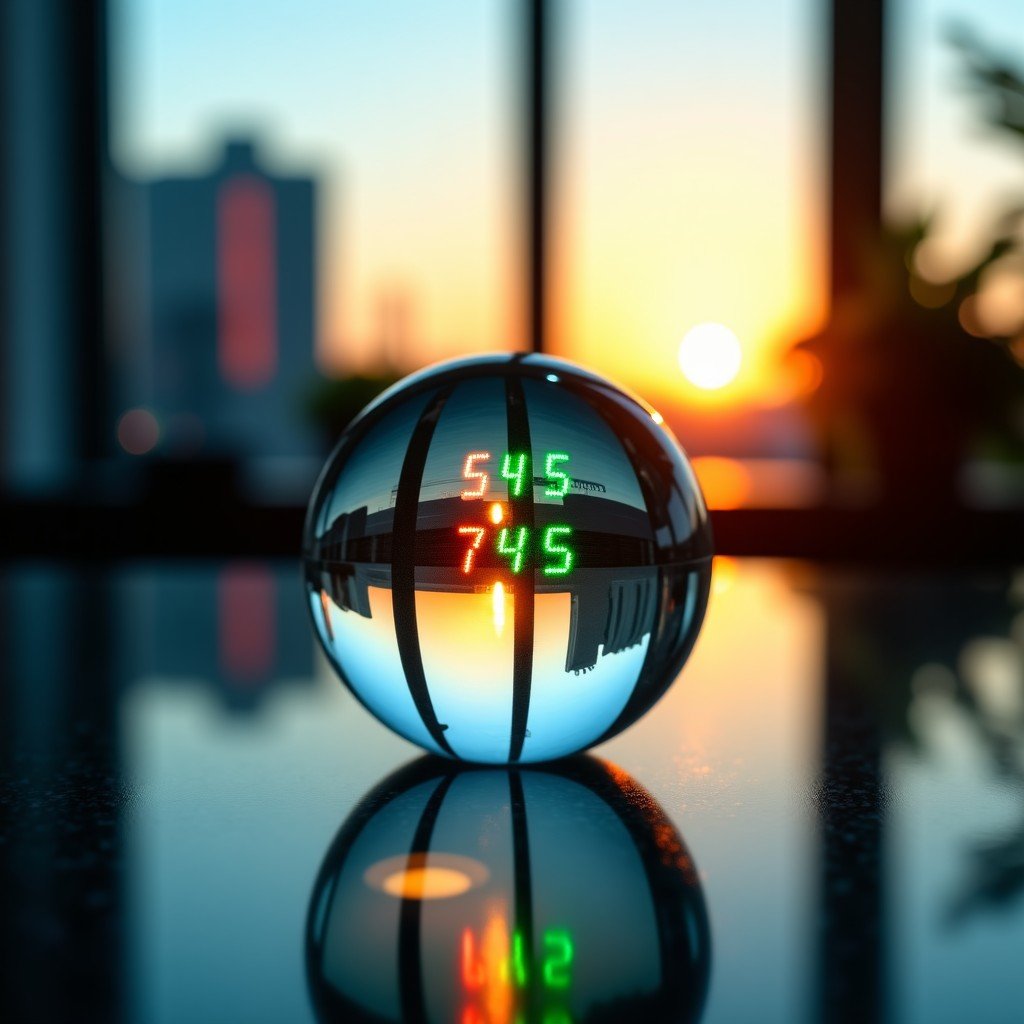 A close-up shot of a transparent glass prism reflecting a stock market ticker with green and red numbers. The background shows a blurred high-end office interior with a warm sunset light coming through the window. 4:3