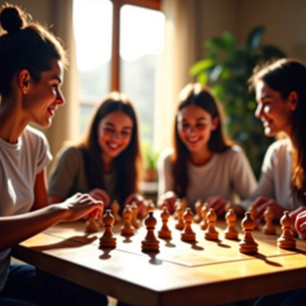 A group of diverse people playing a physical board game in a cozy sunlit room, natural expressions, warm atmosphere, focus on the wooden game pieces, 4:3