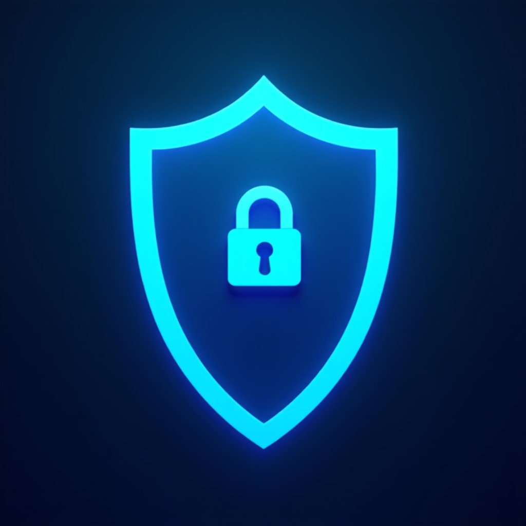 A secure digital shield protecting a database with an AI icon in the center, corporate blue lighting, padlock symbol, sophisticated technological design, 4:3