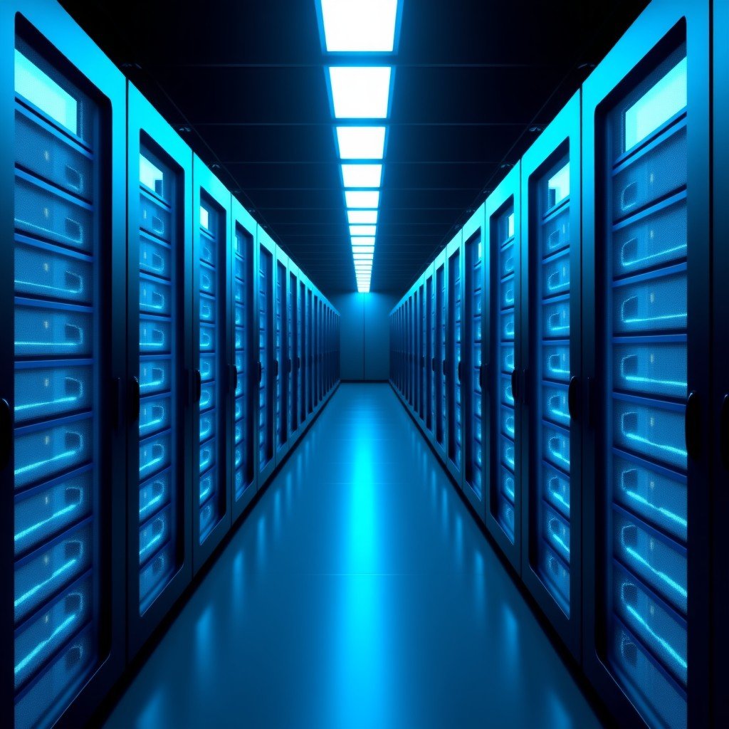 A futuristic and secure data center with glowing blue lights, representing protected AI information, detailed composition, cinematic lighting, 4:3