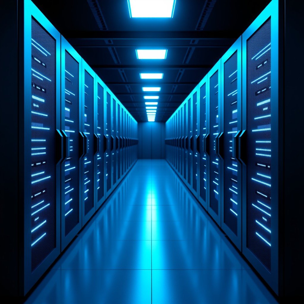Interior of a high-security modern data center with glowing blue lights on server racks, representing advanced AI infrastructure and classified networks, cinematic wide shot, 4:3