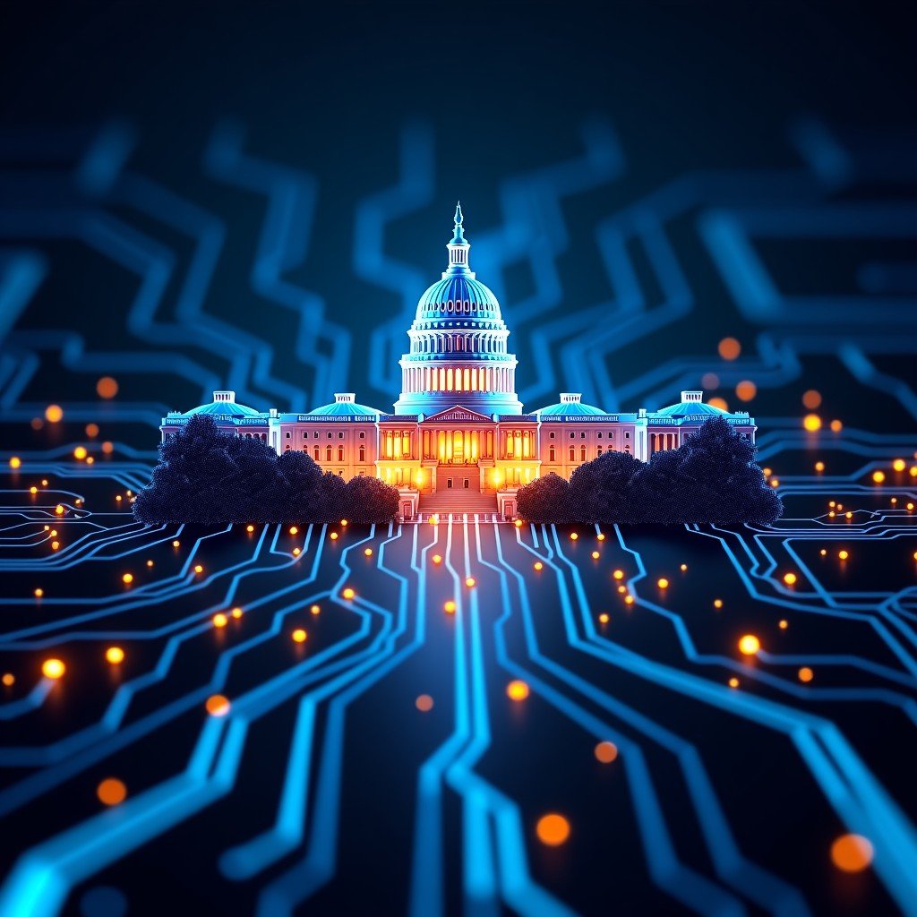 An artistic rendering of a digital circuit board merging with the silhouette of the United States capitol dome. Glowing blue and orange light paths representing data flow. Abstract and modern aesthetic, high contrast, visually rich textured background. 4:3