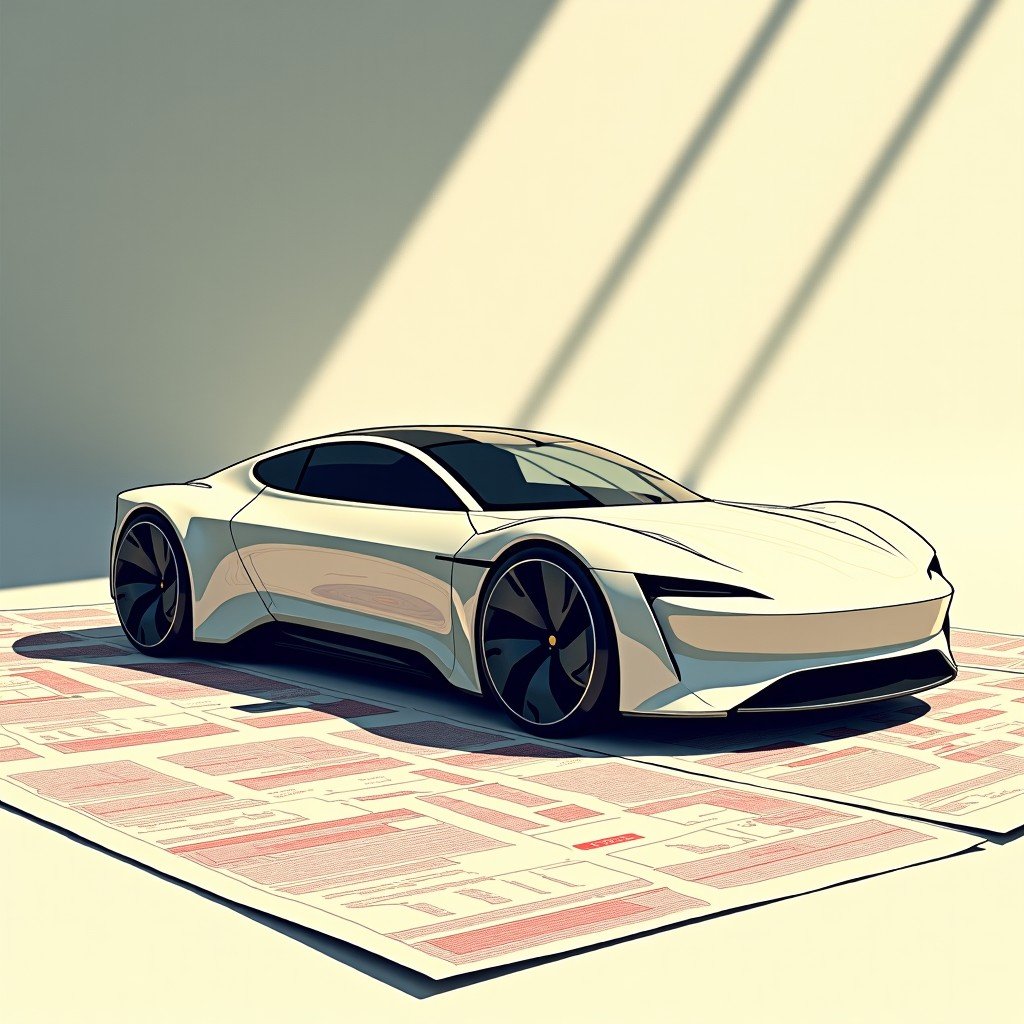 An artistic illustration of a futuristic electric car blueprint partially covered by stacks of corporate paperwork and red stamps, soft office lighting, textured background, 4:3