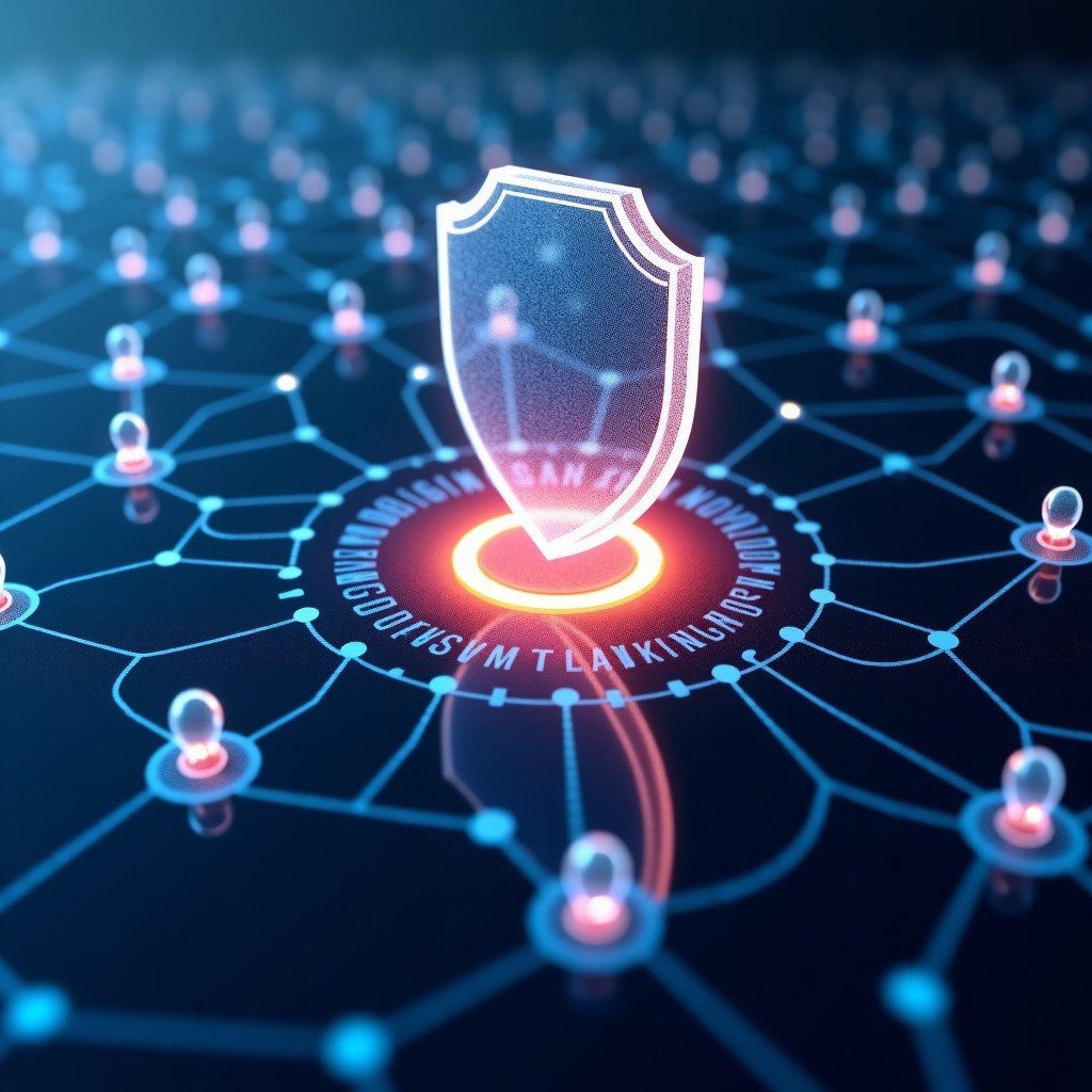 A vast network of interconnected nodes representing a corporate infrastructure with a glowing semi-transparent shield protecting the entire system from digital fragments. 16:9