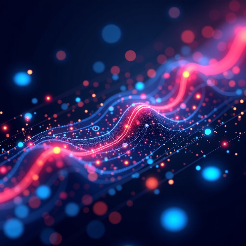 Digital representation of big data processing, flowing streams of binary code and abstract data blocks, vibrant colors on a dark background, 4:3