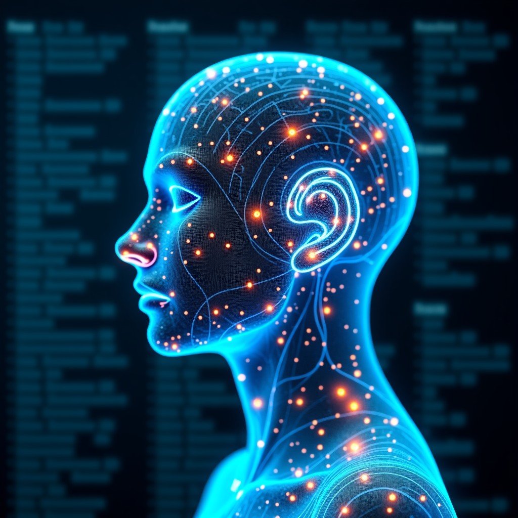 A sophisticated conceptual representation of an AI reasoning model solving complex scientific equations and engineering blueprints. Glowing neural networks integrated with holographic research data. Professional and high-tech aesthetic. 1:1