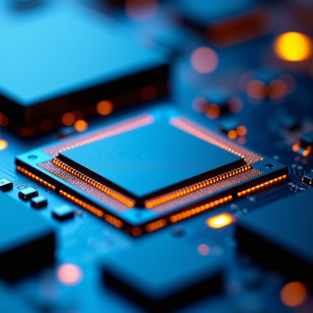 Close-up of high-tech smartphone internal components, focusing on a powerful processor chip and memory modules, metallic textures, blue and amber lighting, realistic macro photography, 4:3