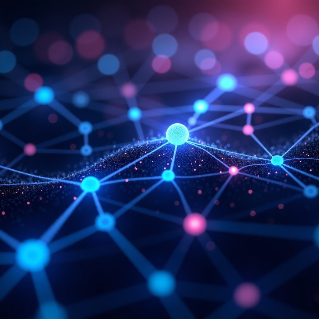 A conceptual visualization of an AI neural network with glowing connections and data nodes, futuristic aesthetic, deep blue and purple color palette, high contrast, 4:3