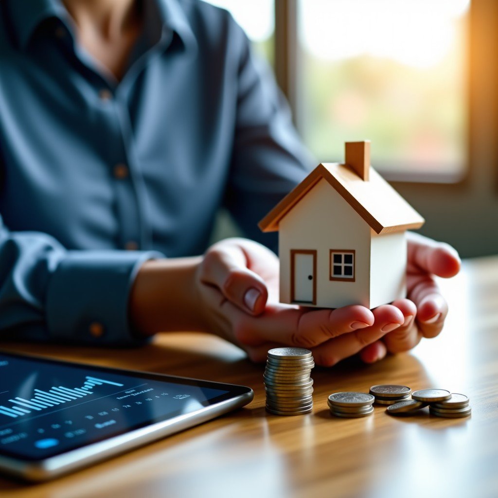 A closeup of a person's hands holding a miniature house model next to a stack of coins and a tablet showing financial data, professional lighting, 4:3