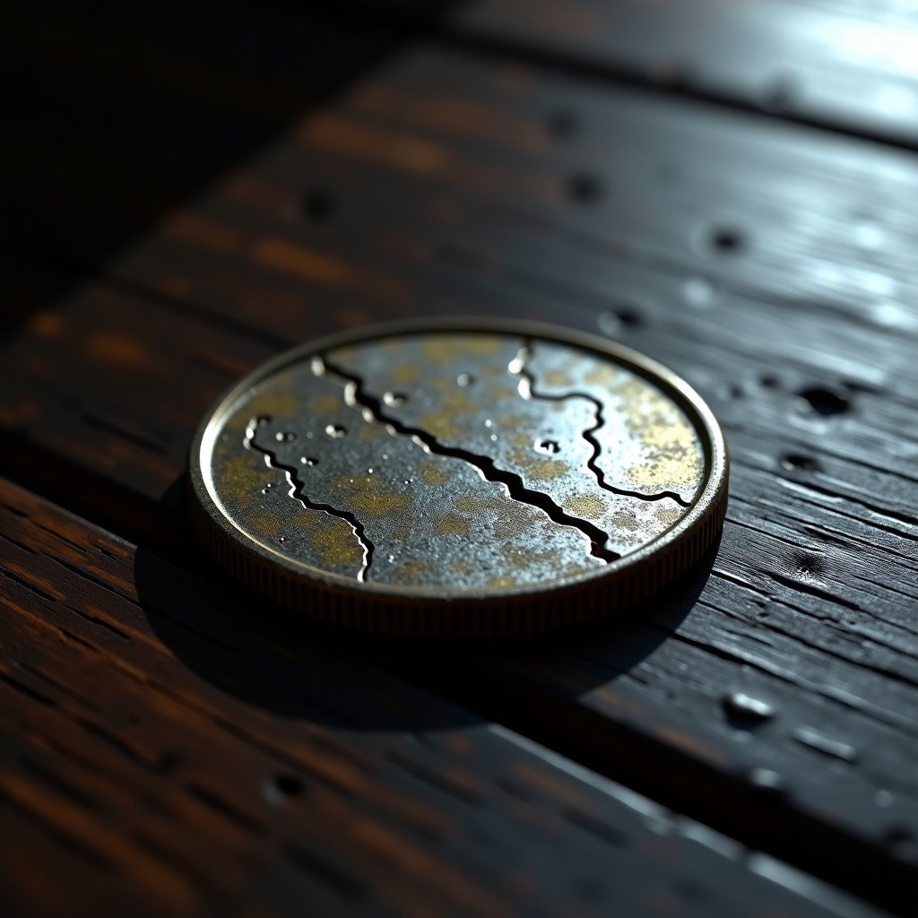 An artistic rendering of a scarred silver coin lying on a dark wooden table, one side burnt, dramatic shadows, cinematic lighting, moody atmosphere, no text, 1:1