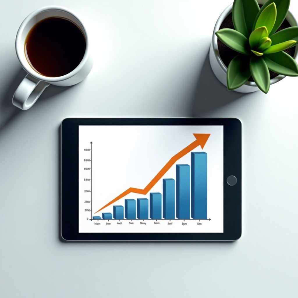 A top-down view of a modern business desk with a digital tablet displaying a rising profit bar chart next to a cup of coffee. 4:3