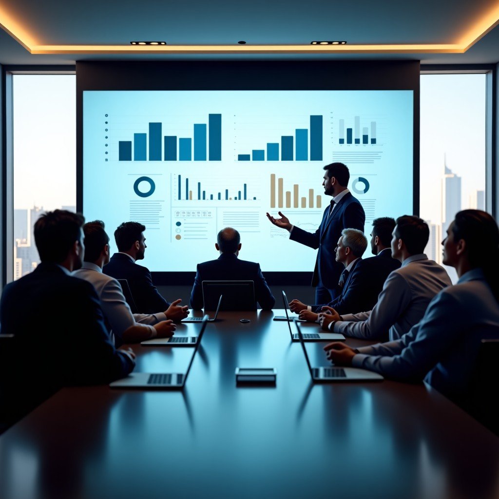 Diverse financial analysts in a modern boardroom discussing data on a large screen, focused and professional atmosphere, natural lighting, 4:3