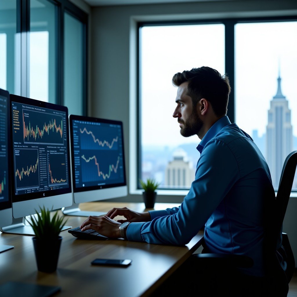 A confident male financial analyst looking at multiple computer monitors with complex data and charts, modern office with city view, professional attire, cinematic lighting, 4:3