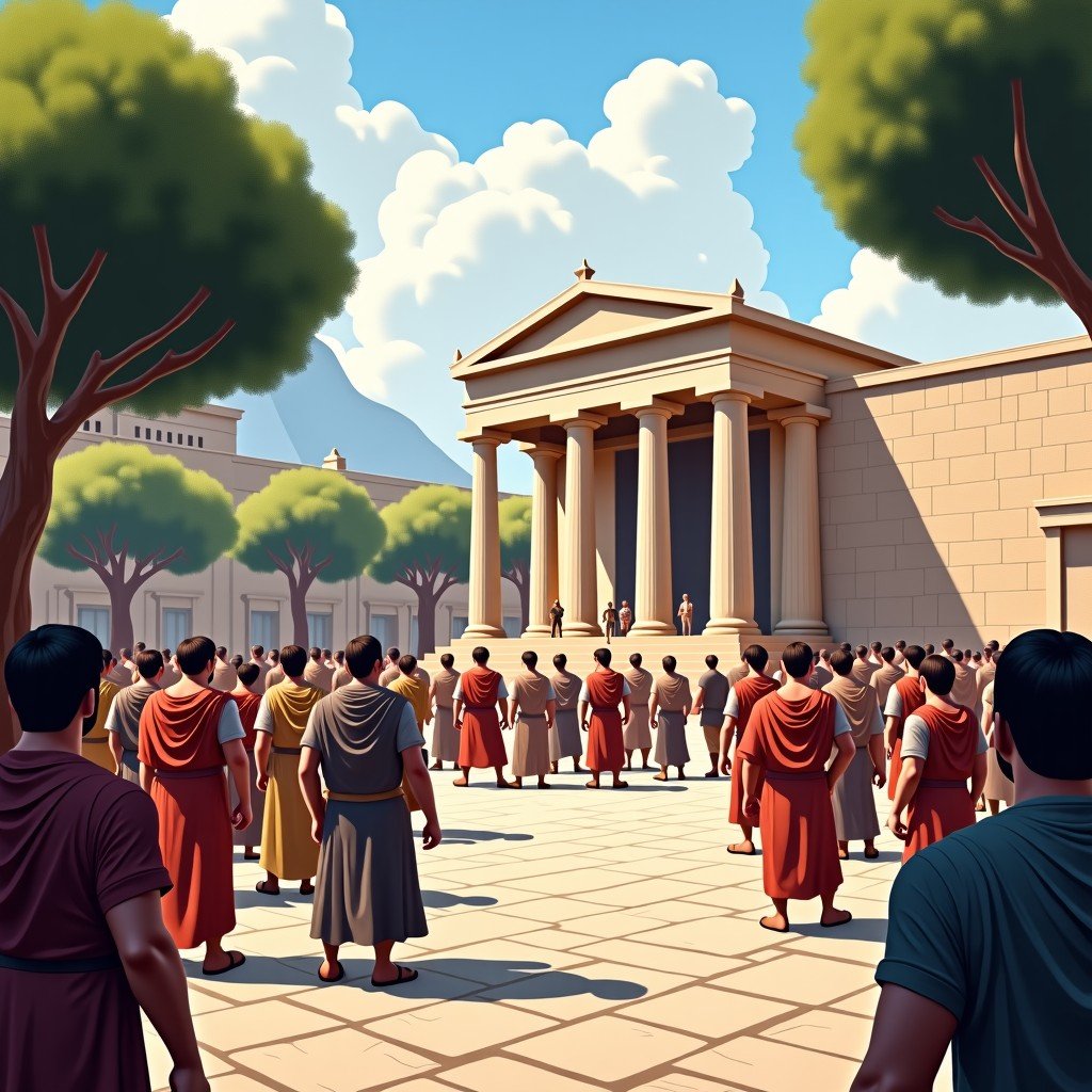 An ancient Greek city square with classical architecture, showing citizens engaged in heated debate, soldiers patrolling, olive trees in the background, textured artistic rendering, 4:3