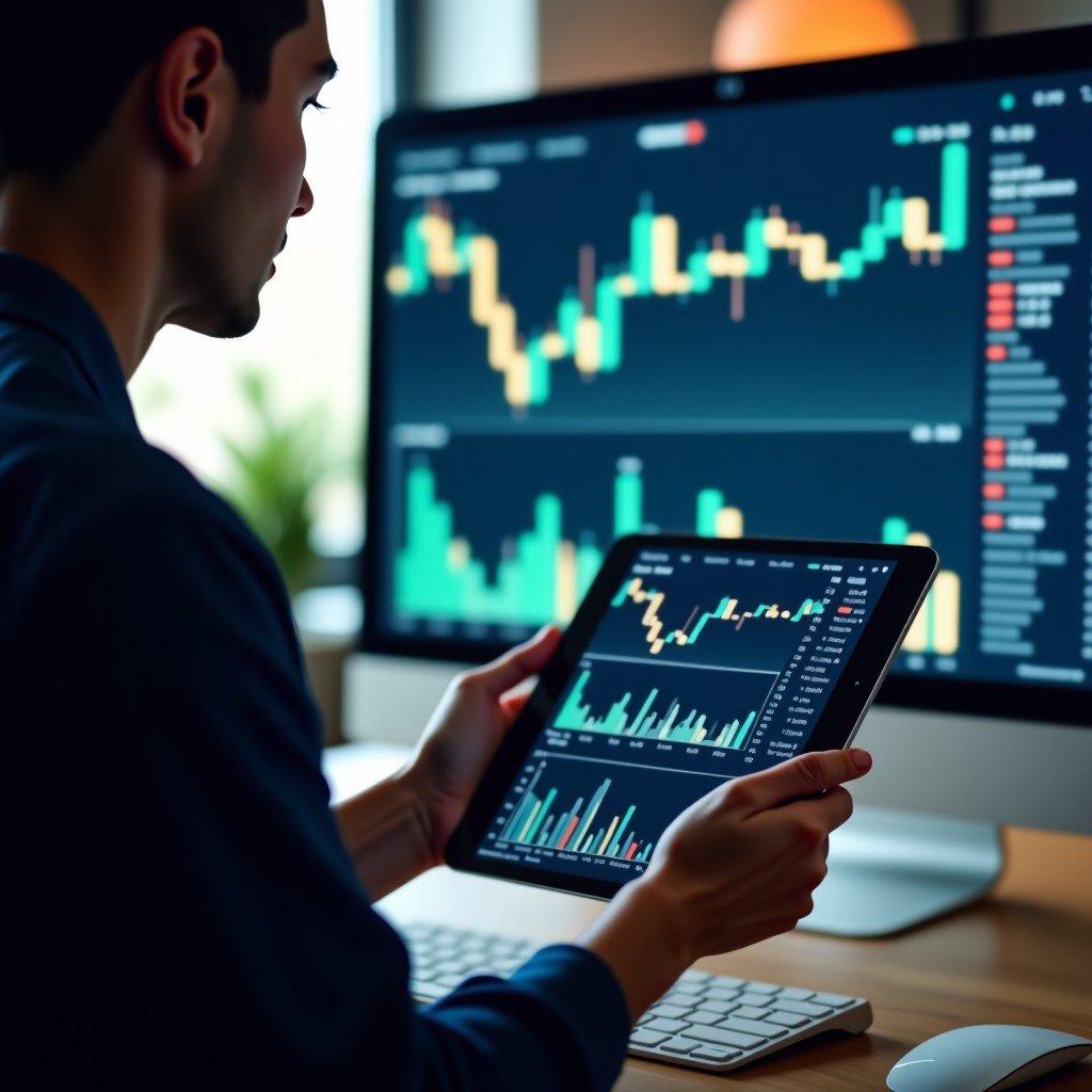 A person looking at a digital tablet displaying fluctuating financial charts in a modern office. Natural lighting with a slight moody tone. 4:3