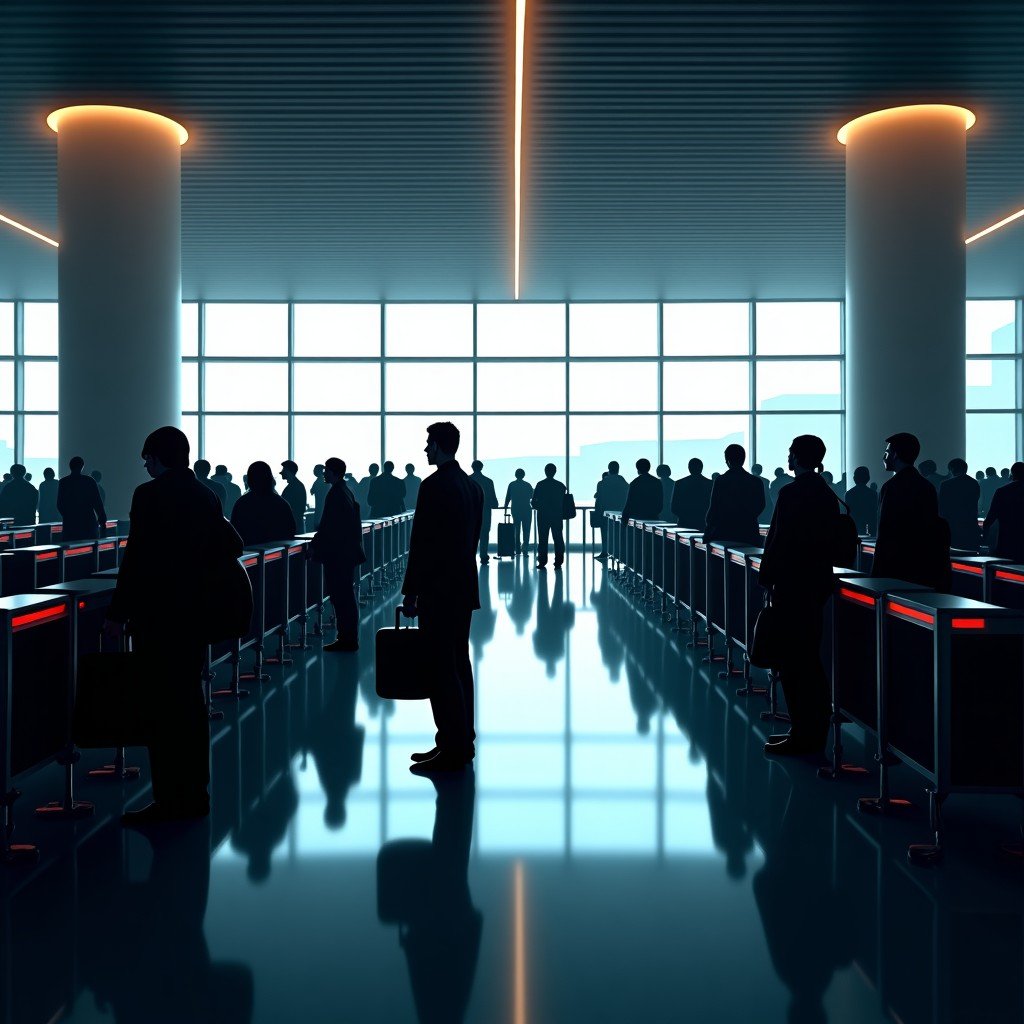 A wide shot of a crowded modern US airport terminal with many travelers waiting in long security lines. Professional cinematic lighting, realistic atmosphere, 4:3