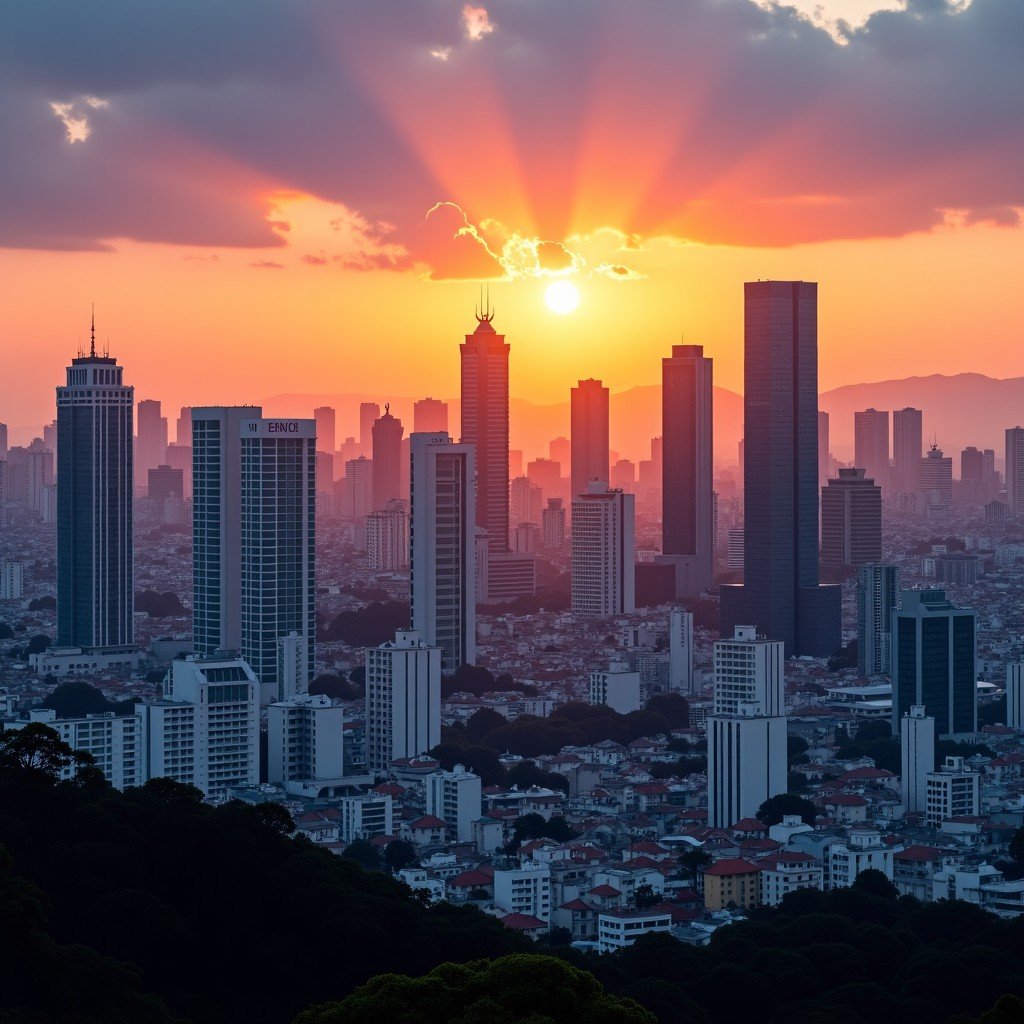 Panoramic view of Sao Paulo's financial district with modern skyscrapers and sunset sky, vibrant urban energy, professional architectural photography style, 4:3
