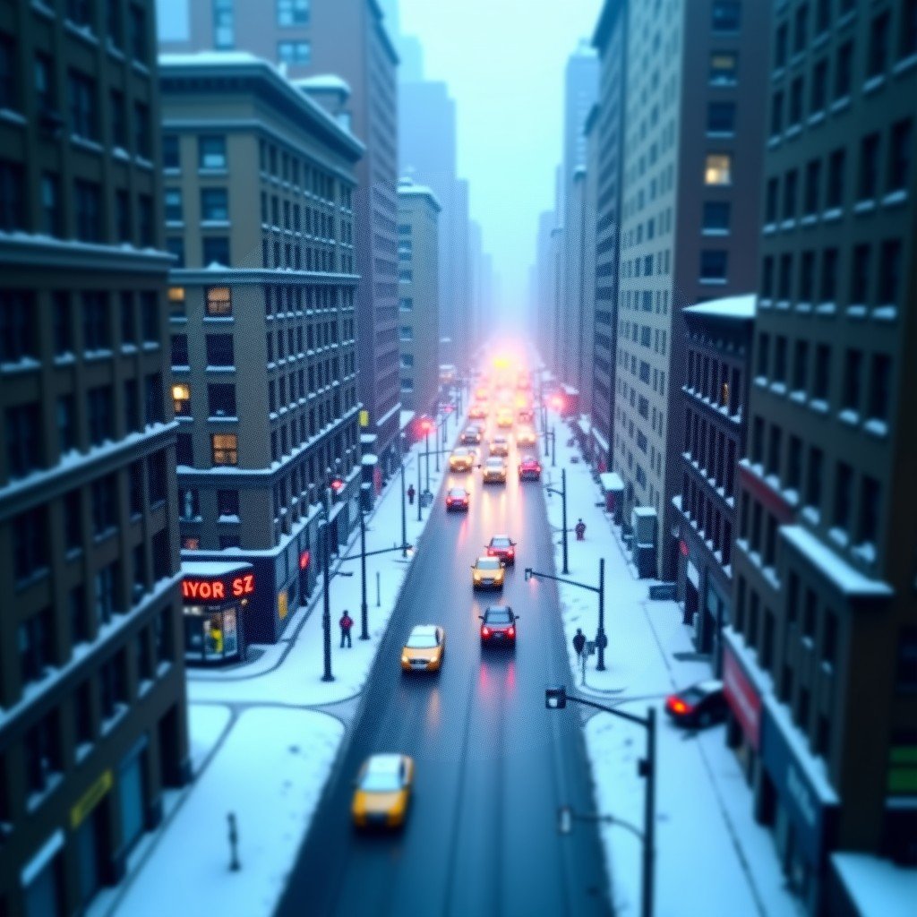 Cinematic high angle shot of New York City streets buried in deep snow during a blizzard, blurry snowflakes in the foreground, cold blue tones, 4:3