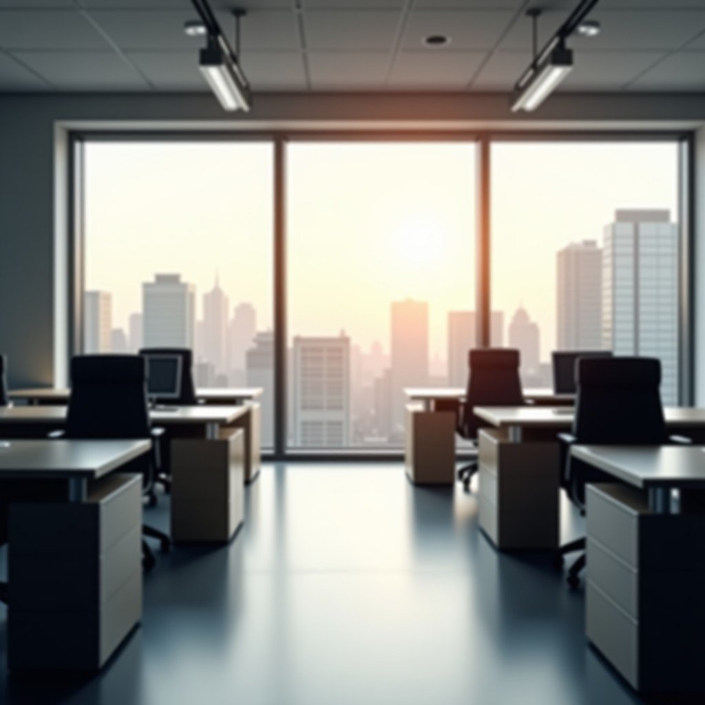 A quiet modern office with several empty desks and chairs, soft sunlight coming through windows, creating a contemplative and slightly somber professional atmosphere, 4:3