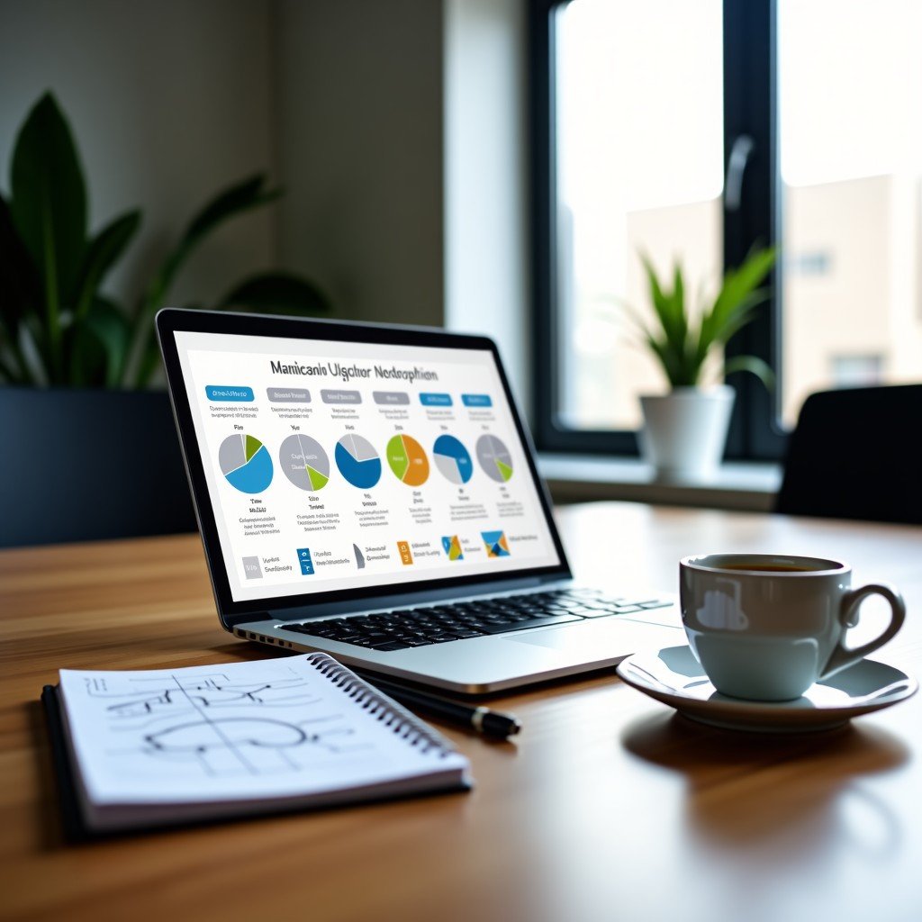 A professional workspace with a clean wooden desk, a laptop showing a business roadmap infographic, a notepad with sketches, and a cup of coffee. High contrast, modern office setting, bright natural lighting, 4:3.