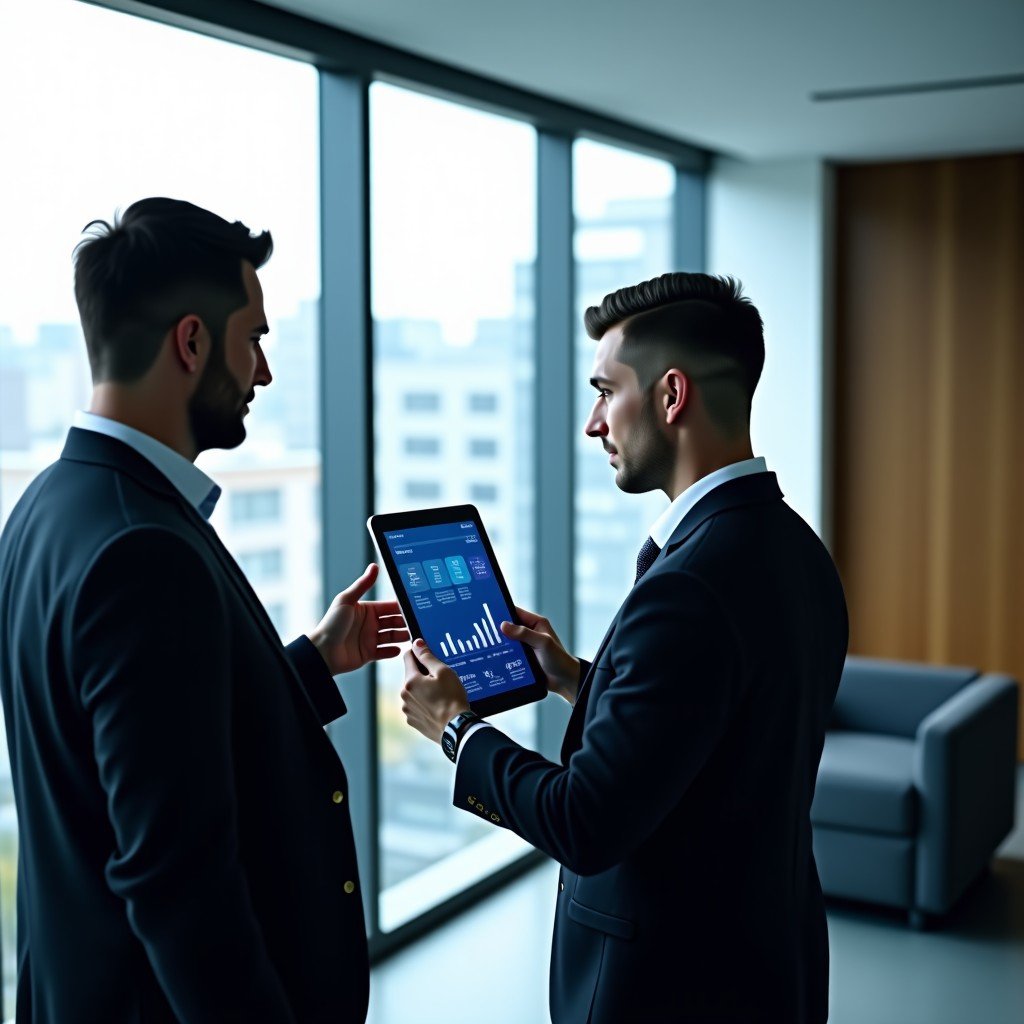 A modern office setting where business professionals are looking at a sleek tablet screen displaying advanced AI-driven data visualizations and growth charts. Natural light, professional attire, clean minimalist interior. The focus is on the interaction with technology. No visible text. 4:3