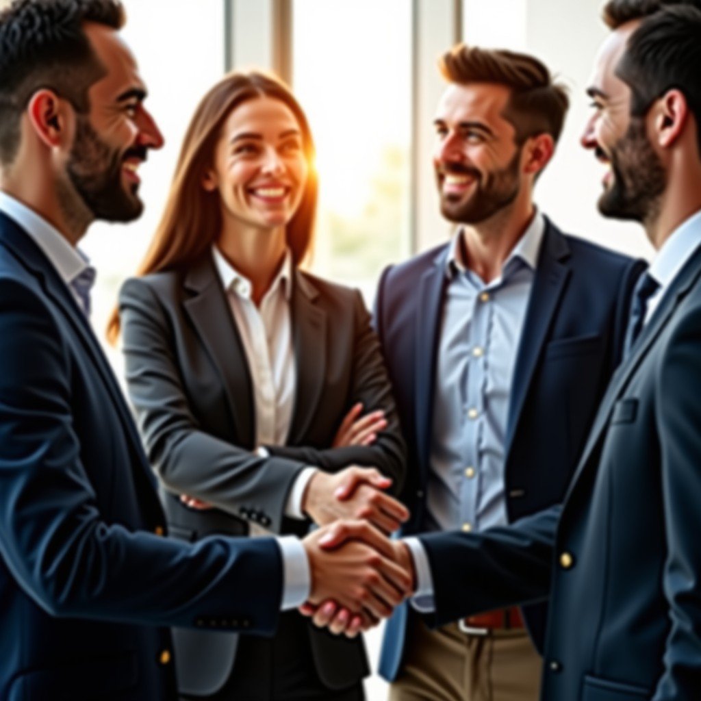 A group of business people shaking hands and smiling after a successful negotiation. Warm lighting, professional atmosphere, natural expressions, 4:3.