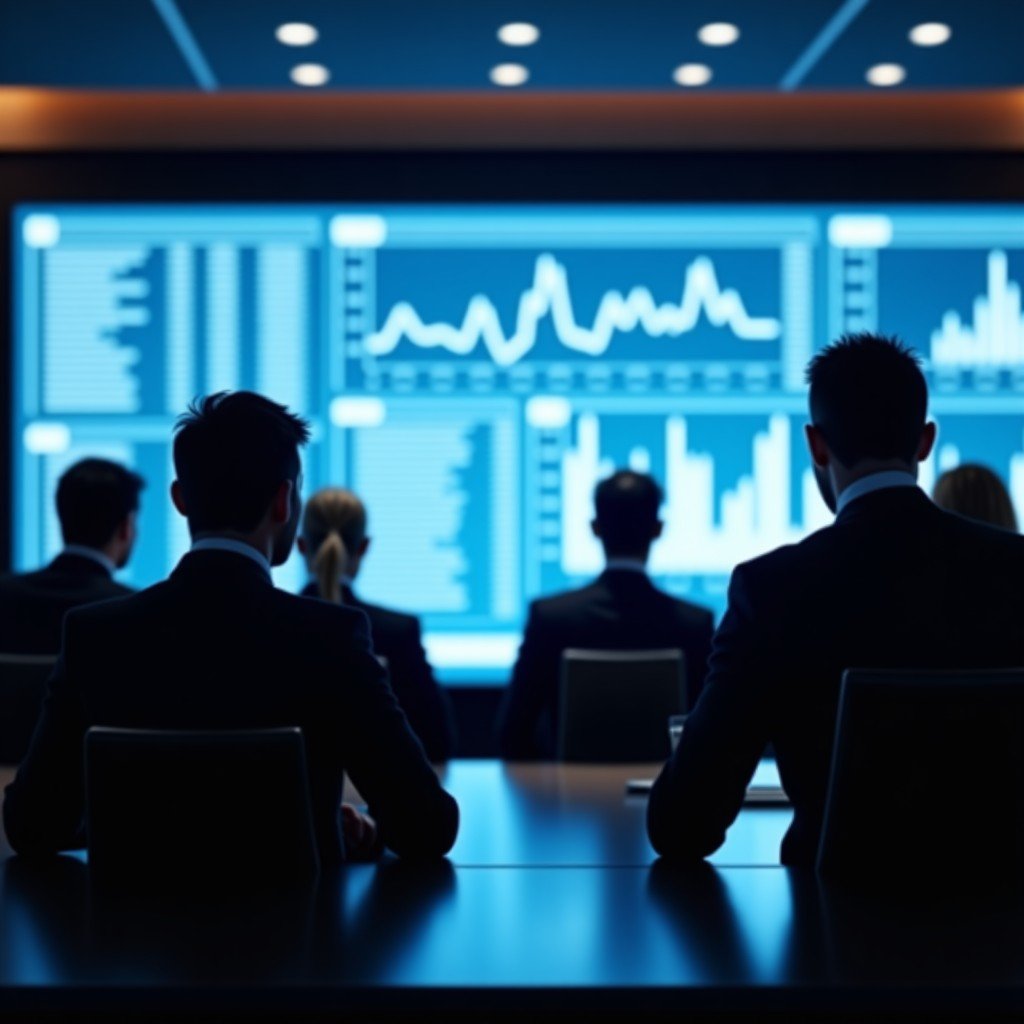 Professional investors in a modern boardroom looking at financial charts on a large screen, focused atmosphere, 4:3