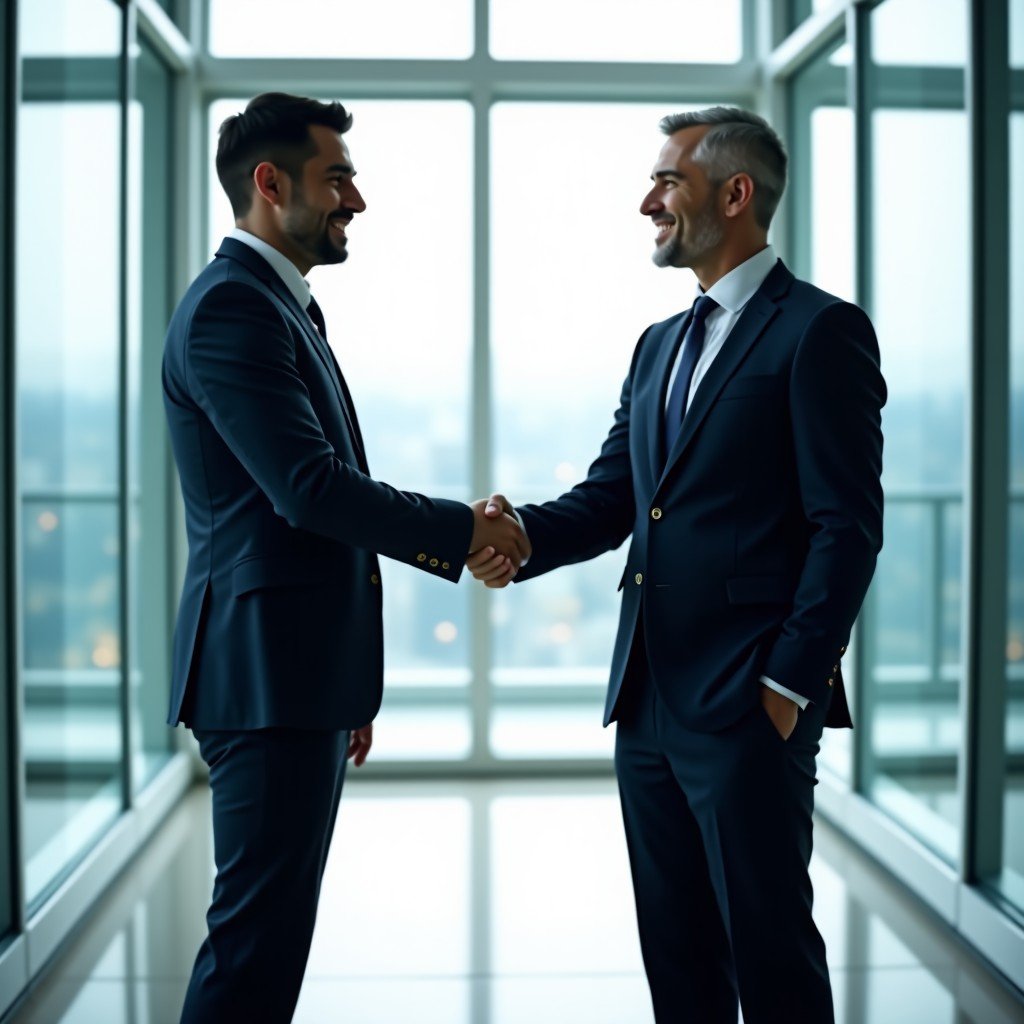 Two professional business people in suits shaking hands in a bright, modern glass-walled office background, symbolic of agreement and partnership, clean composition, 4:3.