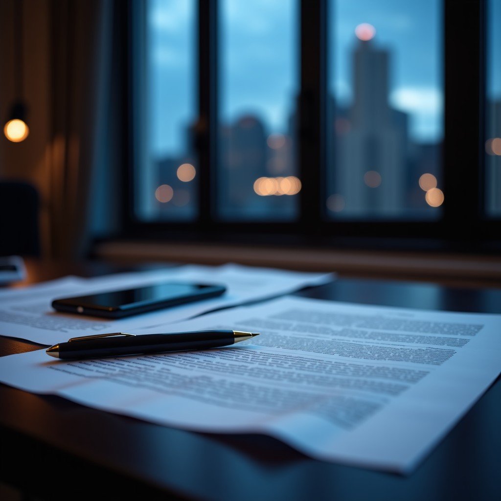 Close-up of a dark wooden desk with several scattered legal documents, a pen, and a high-end smartphone. In the background, a blurred window shows a city at night. Professional and mysterious atmosphere. 4:3