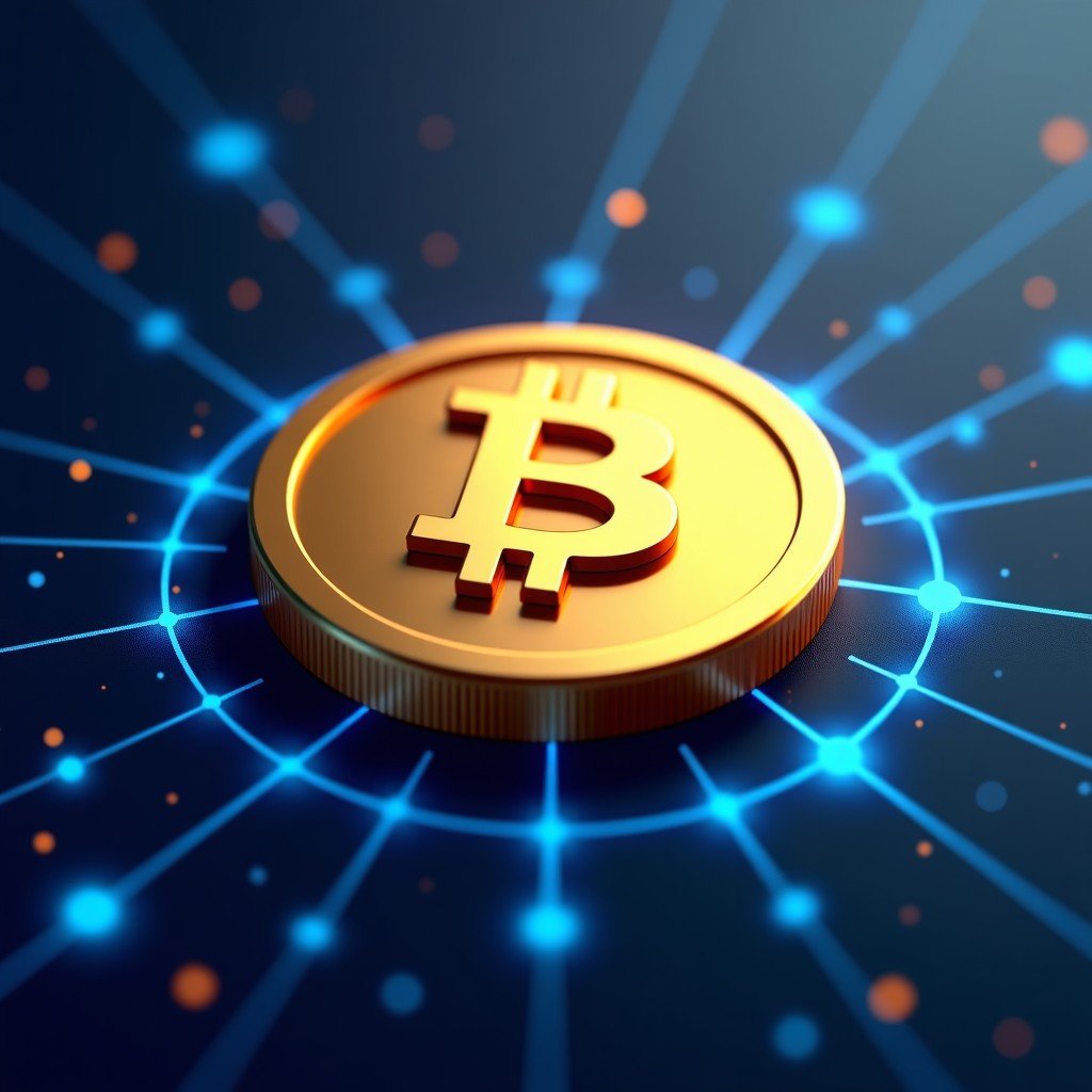 A high-quality digital illustration of a golden Bitcoin coin centered in a futuristic financial network background with glowing blue lines and data points. The lighting is professional and high-contrast. 1:1