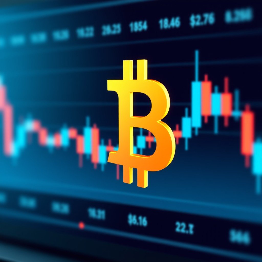 A professional digital display showing a Bitcoin logo and a fluctuating price chart with a modern financial background, high contrast, blue and orange lighting, 4:3