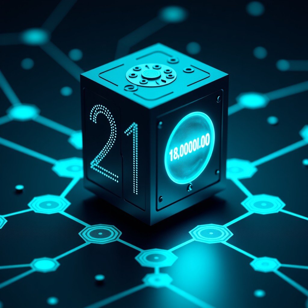 A futuristic digital vault showing the number 21,000,000 in glowing blue digits. Surrounding the vault are hexagonal nodes representing a blockchain network. High-tech aesthetic, deep blue and teal tones, 4:3