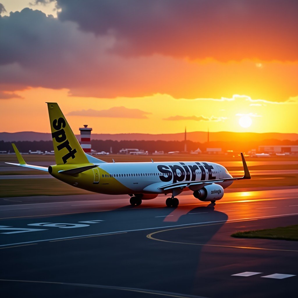 A wide-angle shot of a Spirit Airlines Airbus aircraft taxiing at a busy international airport during sunset, realistic aviation photography, cinematic lighting, high resolution, 4:3