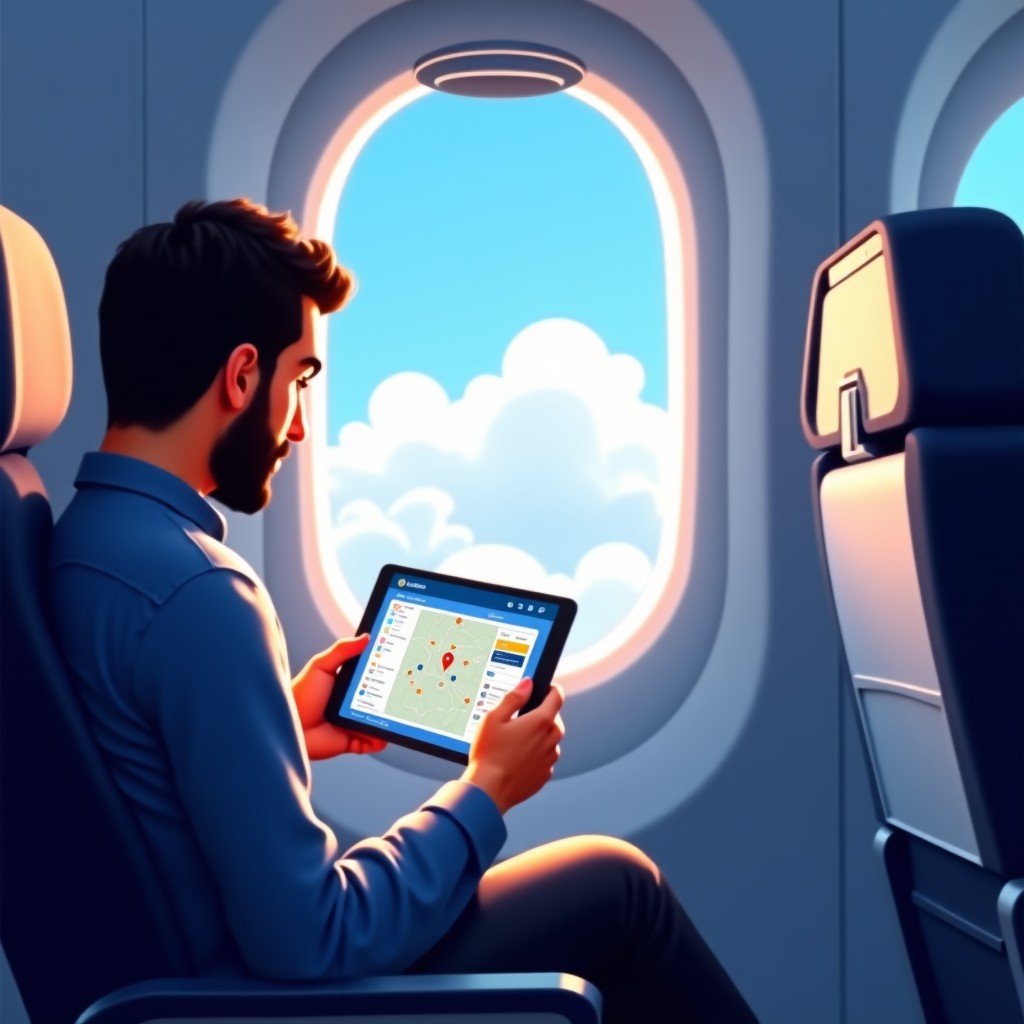 A traveler sitting in a spacious airplane window seat looking at a tablet screen showing a flight map and travel rewards app. The view outside the window shows soft white clouds and blue sky. 4:3