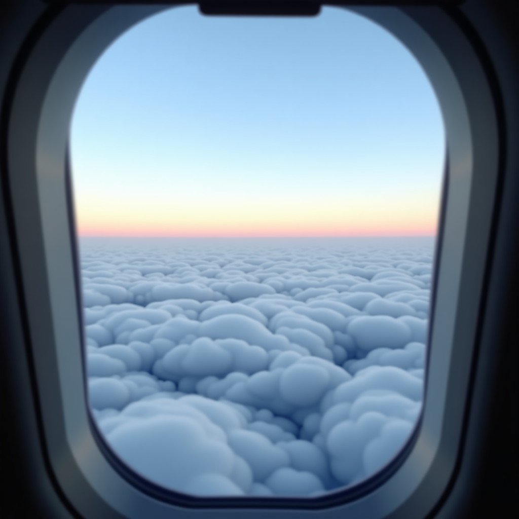 View from an airplane window looking out at a sea of clouds during daylight, soft blue sky, peaceful and calm atmosphere, high quality photography, 4:3