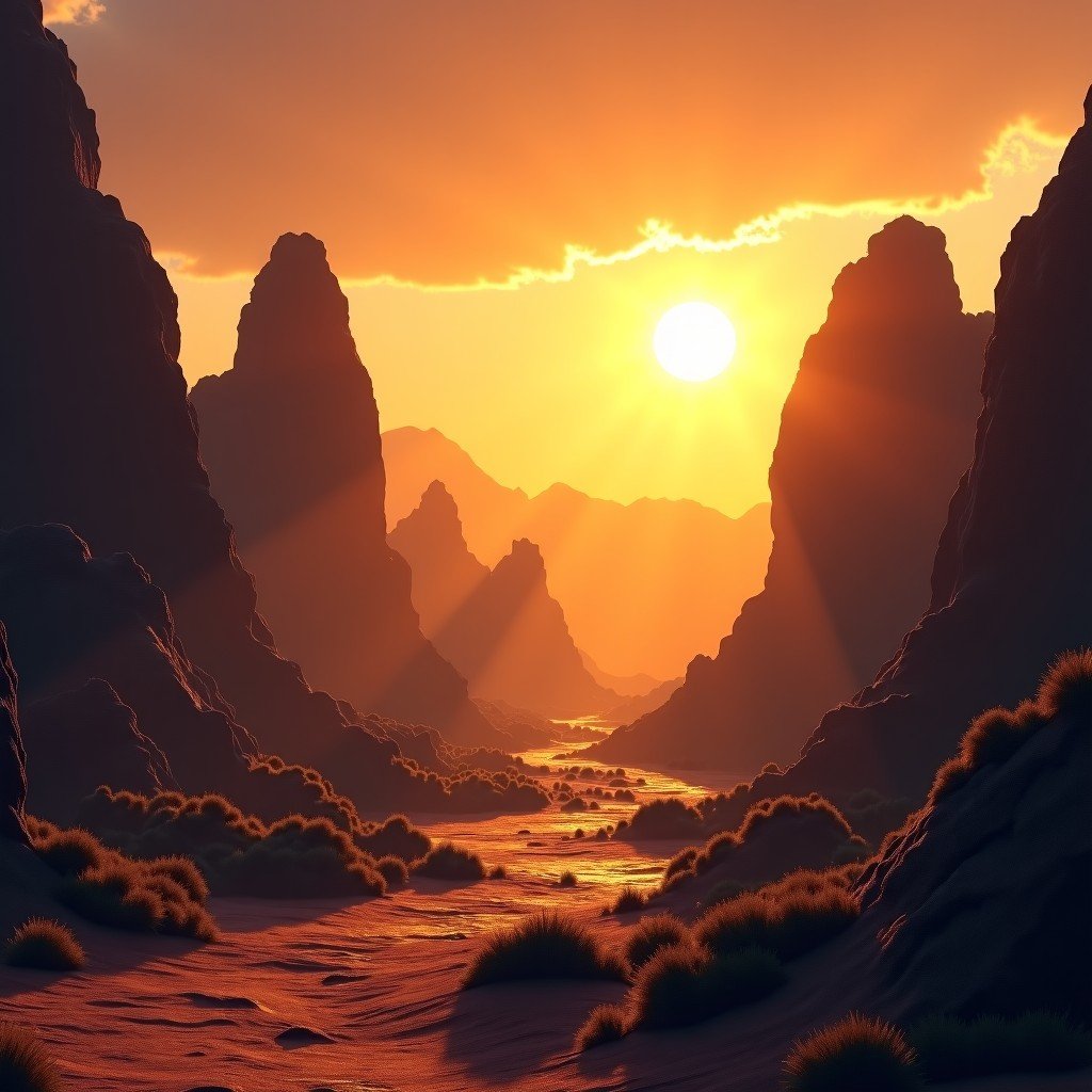 A wide shot of the Tadrart Acacus rock formations at sunset with a warm golden glow, mystical and historical atmosphere, modern layout, 4:3