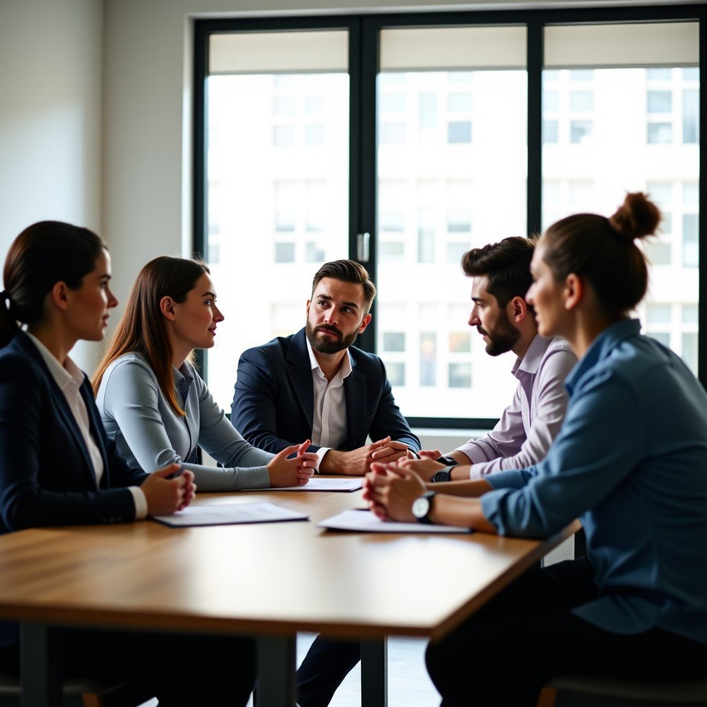 A group of diverse office workers sitting around a wooden table in a brightly lit modern office, having a serious discussion, natural expressions, professional setting, 4:3