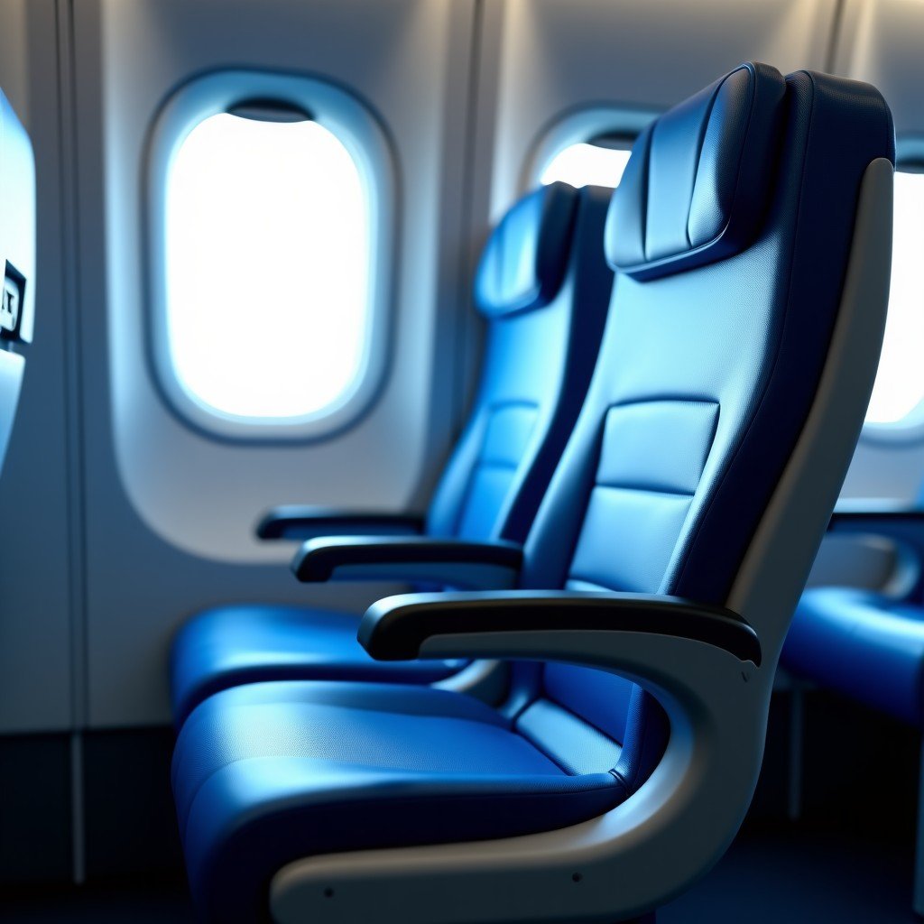 Close up shot of a high quality modern airplane seat with blue accents, clean and minimalist design, soft lighting, 4:3