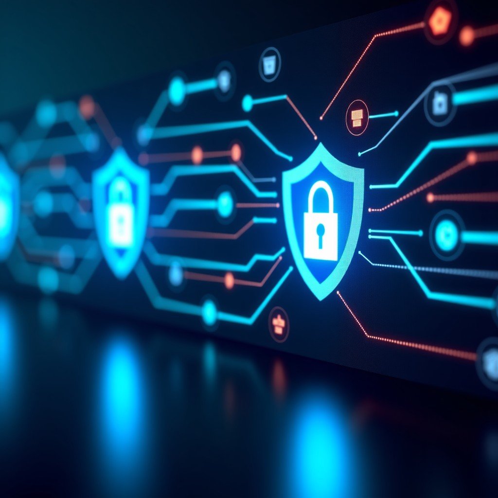 A high-tech digital environment showing cybersecurity symbols like shields and locks being intersected by glowing AI neural network lines. The atmosphere is professional and slightly tense with blue and red light accents. 16:9