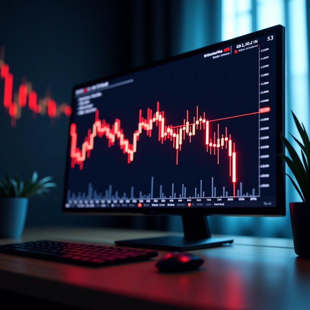 A professional financial stock market chart on a screen showing a significant downward trend in the cybersecurity sector, candlesticks in red, dark trading room background, cinematic lighting, high contrast, 4:3