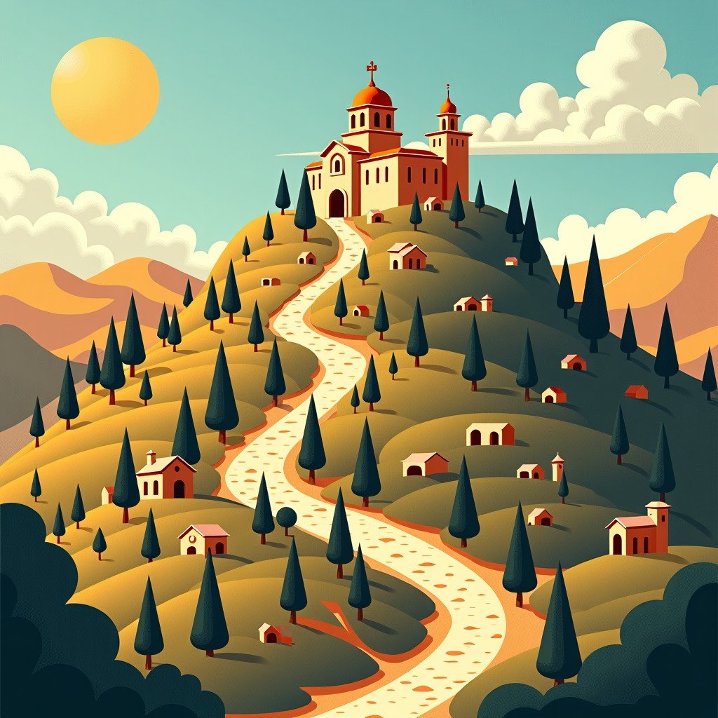 Artistic composition showing small ancient churches scattered across a stylized map of the Troodos mountain range in Cyprus, vintage illustration style, 4:3