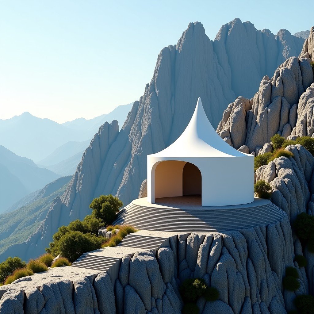 The Temple of Apollo Epicurius at Bassae under a massive white protective tent, situated on a rugged grey limestone mountain ridge in Greece, dramatic mountain landscape, clear sky, high altitude atmosphere, realistic architectural photography style, 4:3